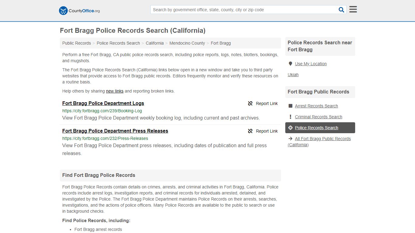 Fort Bragg Police Records Search (California) - County Office